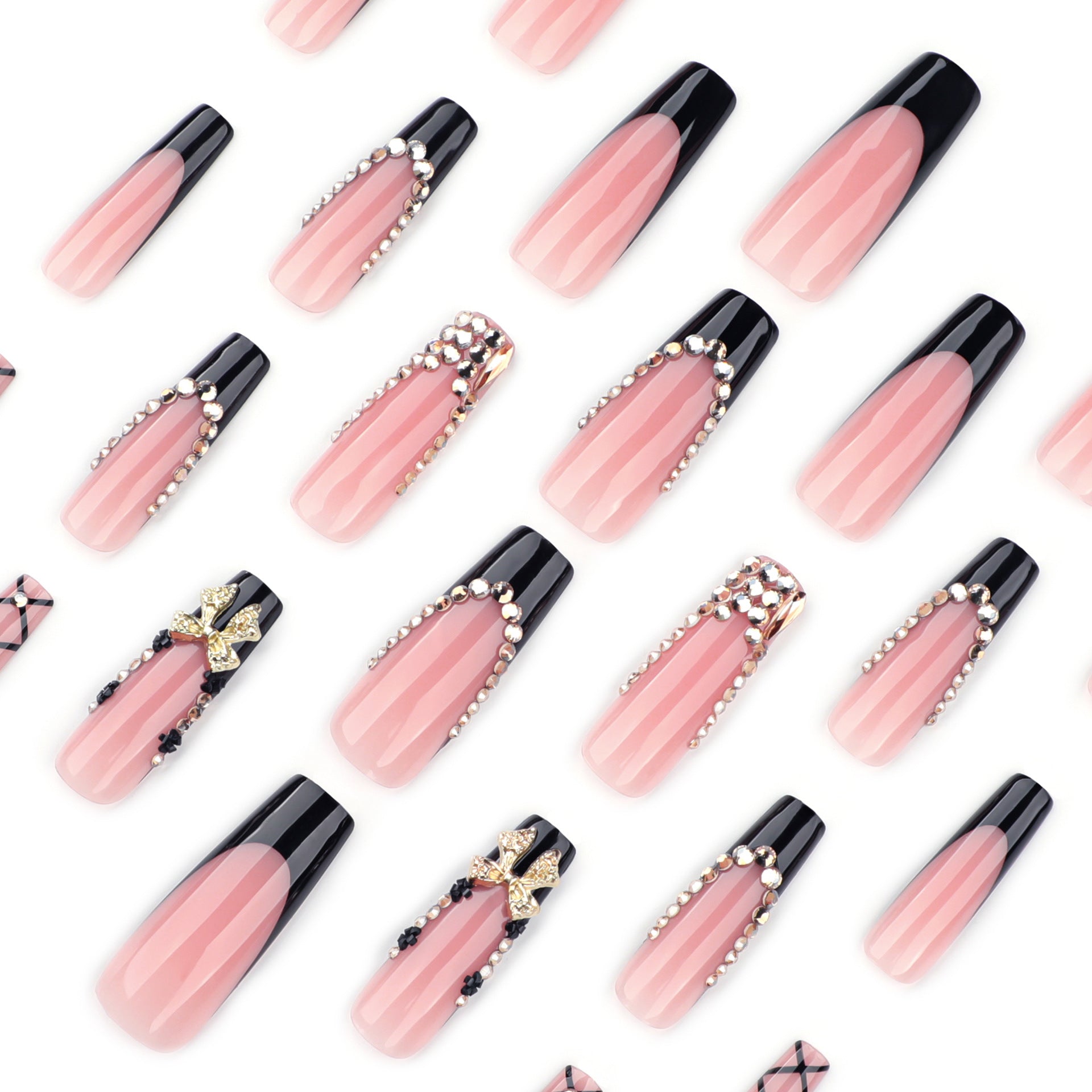 Long Stiletto Press On Nails with Pink Bows & Rhinestone Accents