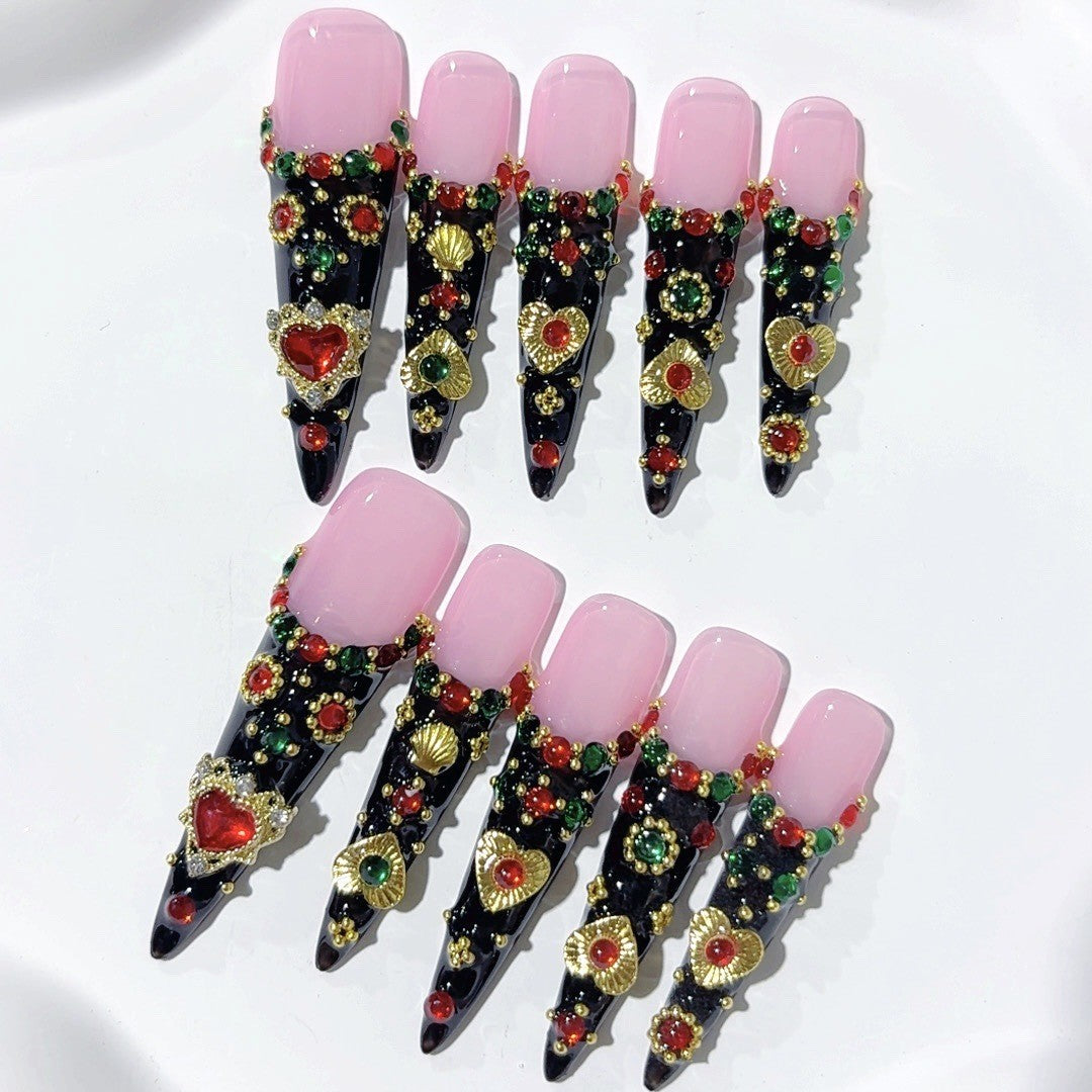 Unhas Postiças Rosa e Preta Barrocas com Joias