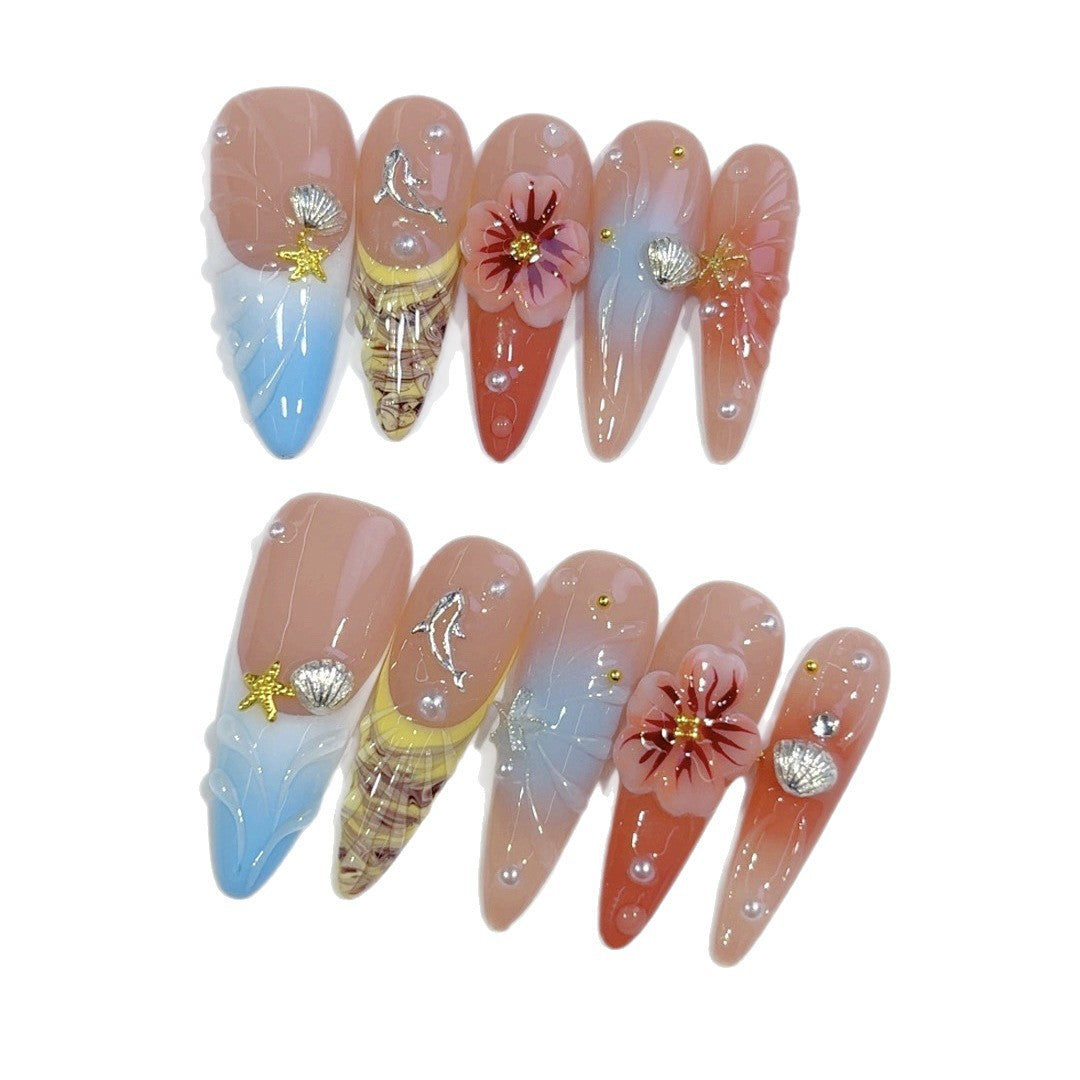 Coastal Bloom: "Seashell & Flower" – Long Almond Handmade Press On Nails