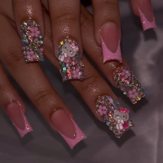 Unhas postiças japonesas fofas com armadura de flor e diamantes brilhantes, unhas postiças francesas rosa｜365nails
