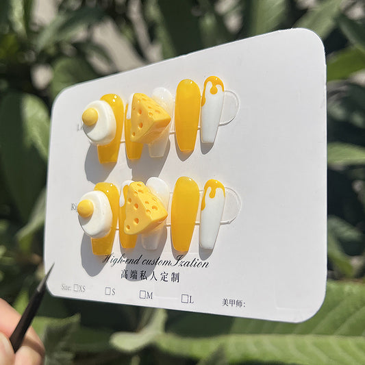 Desenho animado tridimensional gema de ovo queijo fofo médio e longo nail art remendo unhas postiças puras feitas à mão unhas postiças atacado ｜365nails