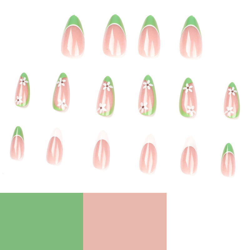 Uñas francesas con flores verdes, parches para uñas, pegatinas para uñas terminadas, uñas removibles, piezas para uñas, 365nails