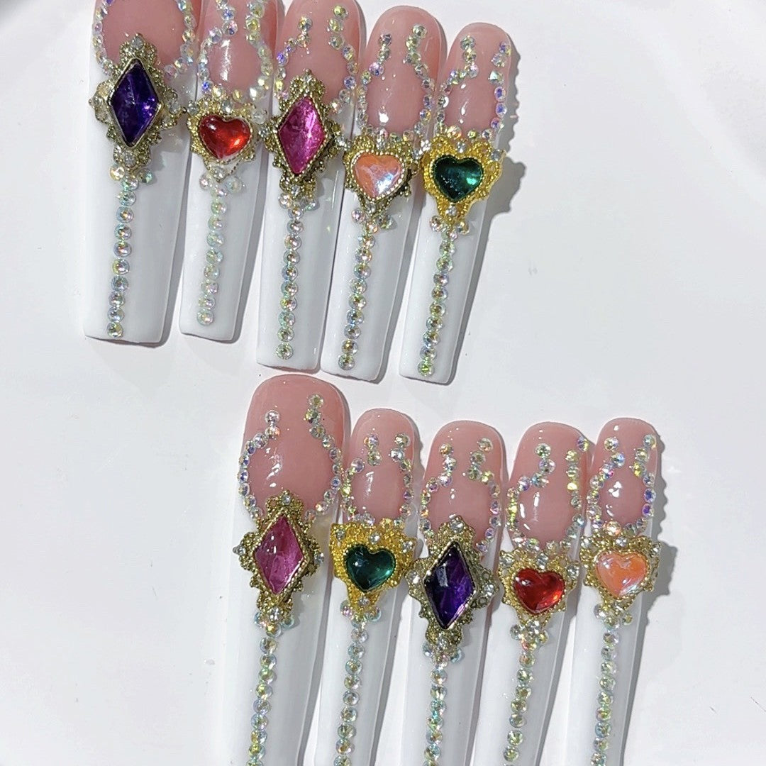 Multicolor Heart Gem Extra Long Press On Nails
