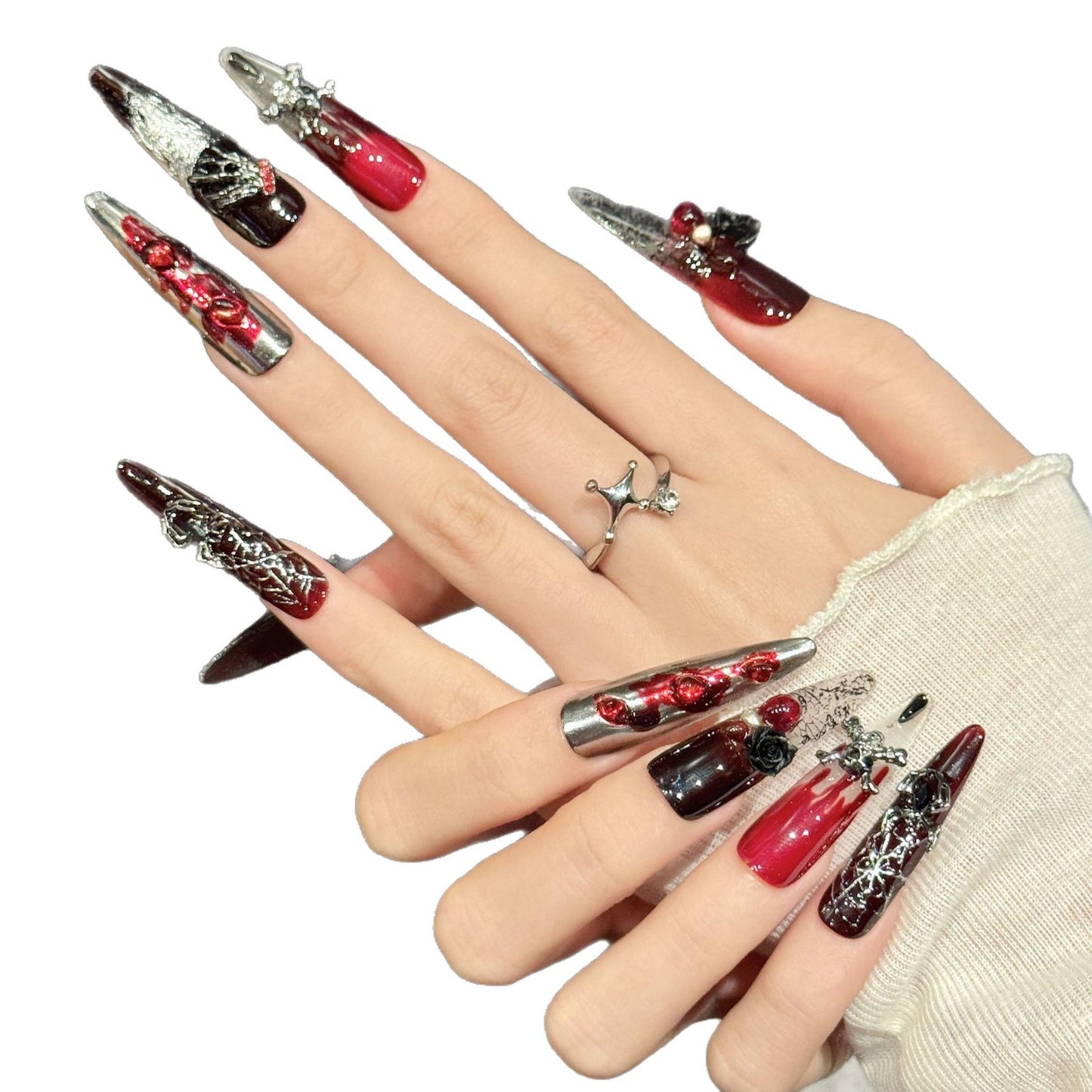 Red Black Gothic Rose Skull Vampire Nails