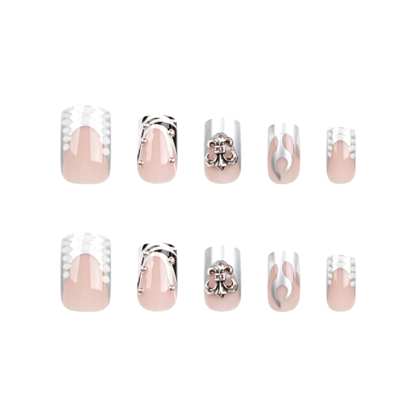 Uñas postizas con diseño de llama plateada, color nude, con diseño de llama plateada, al por mayor | 365nails