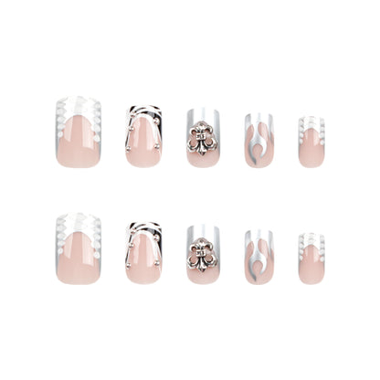 Uñas postizas con diseño de llama plateada, color nude, con diseño de llama plateada, al por mayor | 365nails