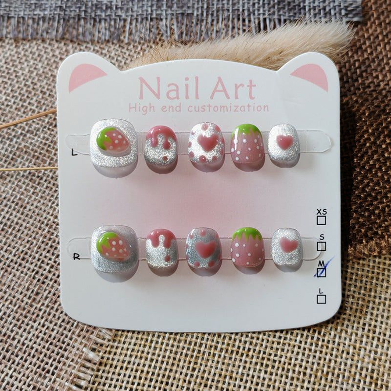365nails: "silver strawberry heart" – short round handmade kids press-on nails