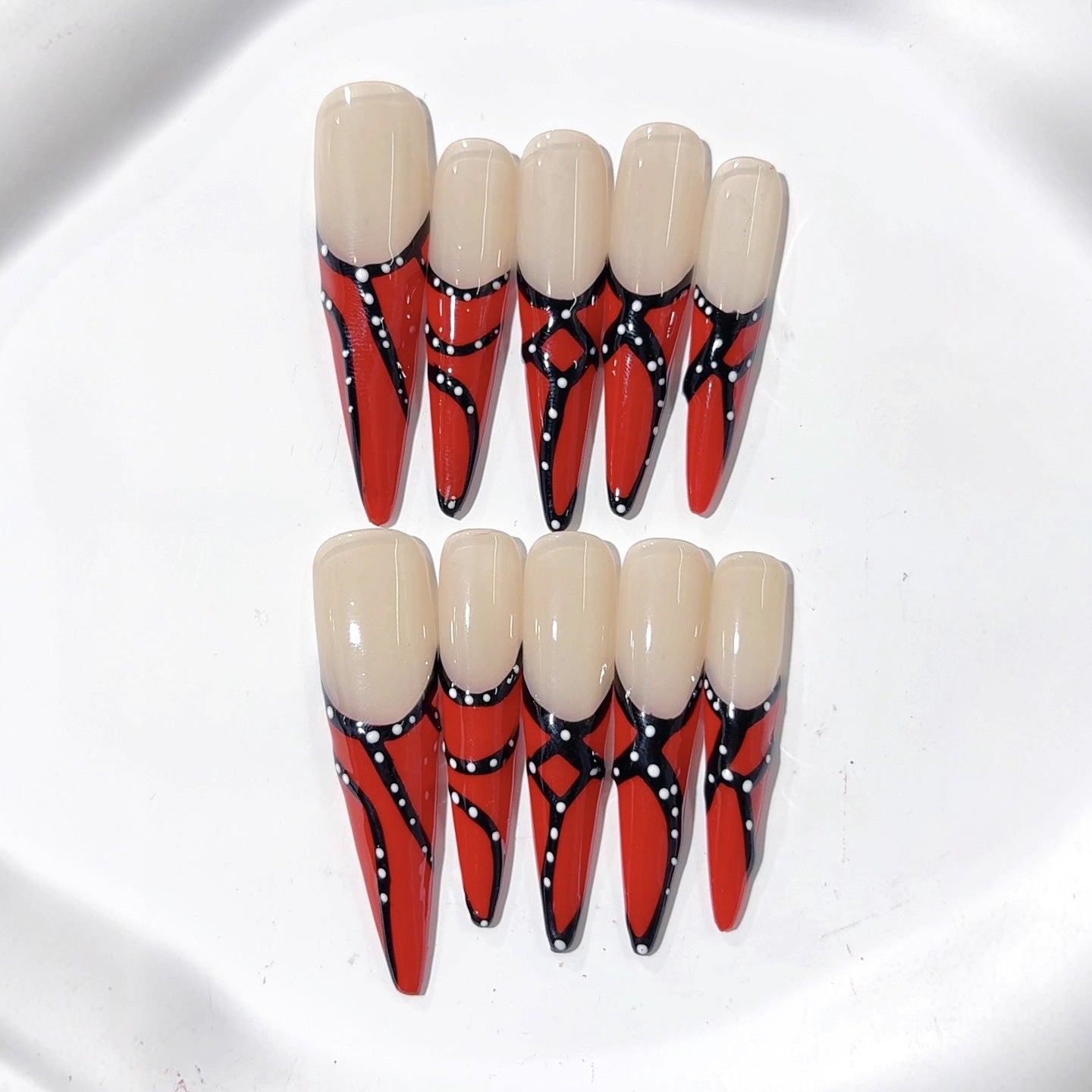 Red French Line Art Extra Long Press On Nails