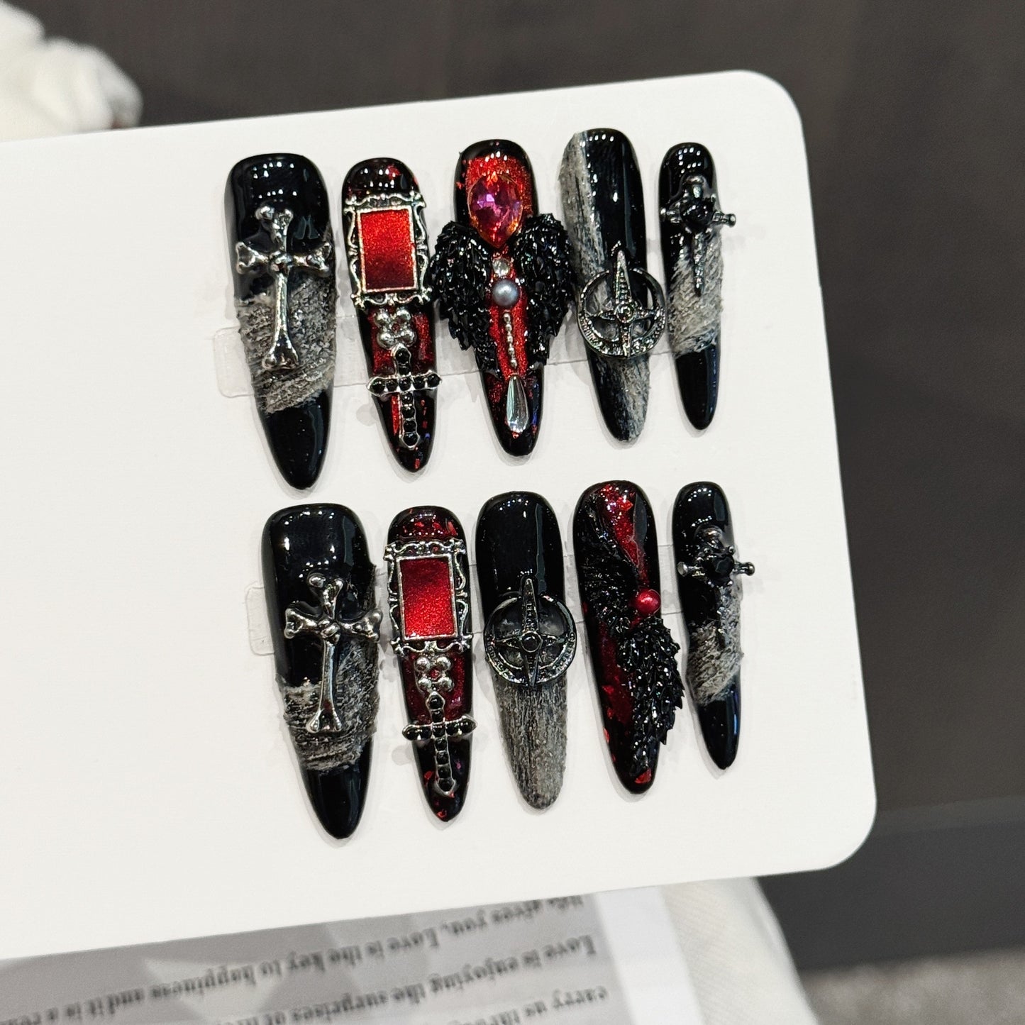 Gothic Red Black Cross Metal Charm Press On Nails