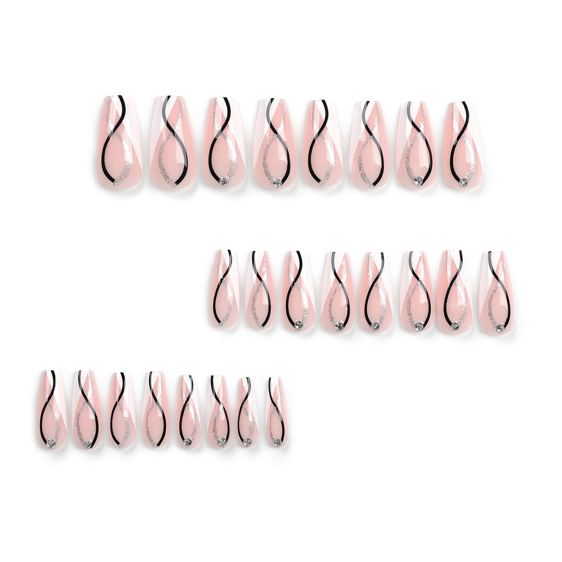 Silver glitter point drill press-on nails wholesale white splicing black line nail piece press on nails｜365nails