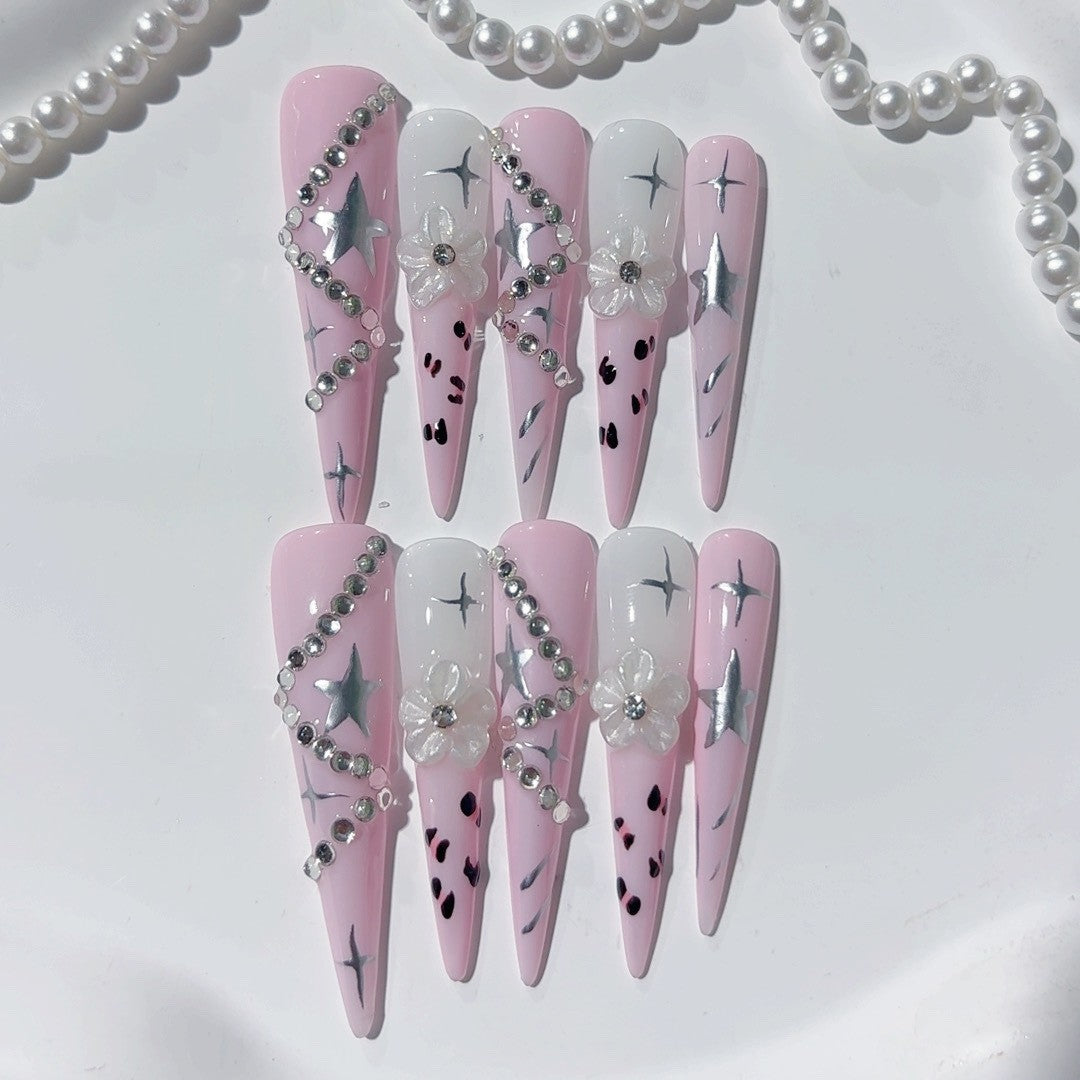 Conjunto de unhas postiças Pink Star Crystal Y2K