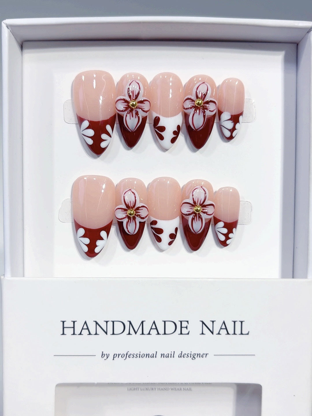 Timeless Bloom: "Crimson Floral" – Almond Shape Handmade Press-On Nails