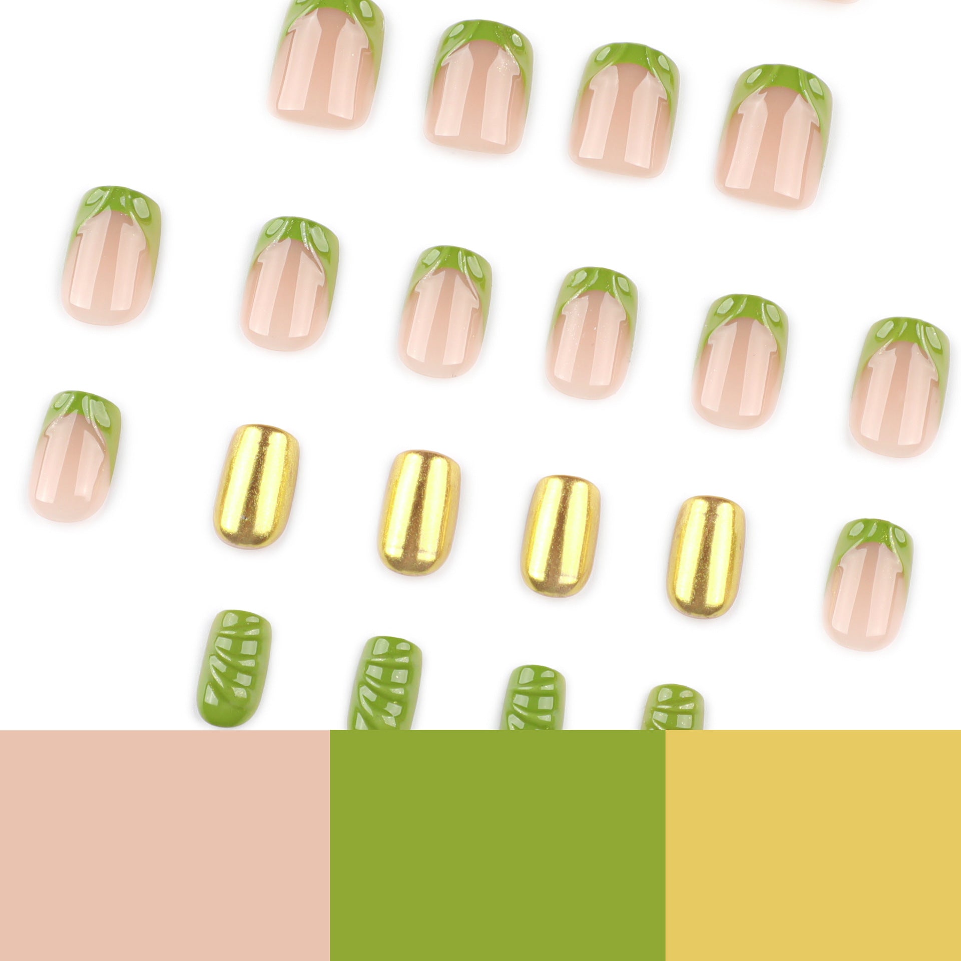 Fresh French Green 3D Gold Mirror Pink Short Square press-on nails