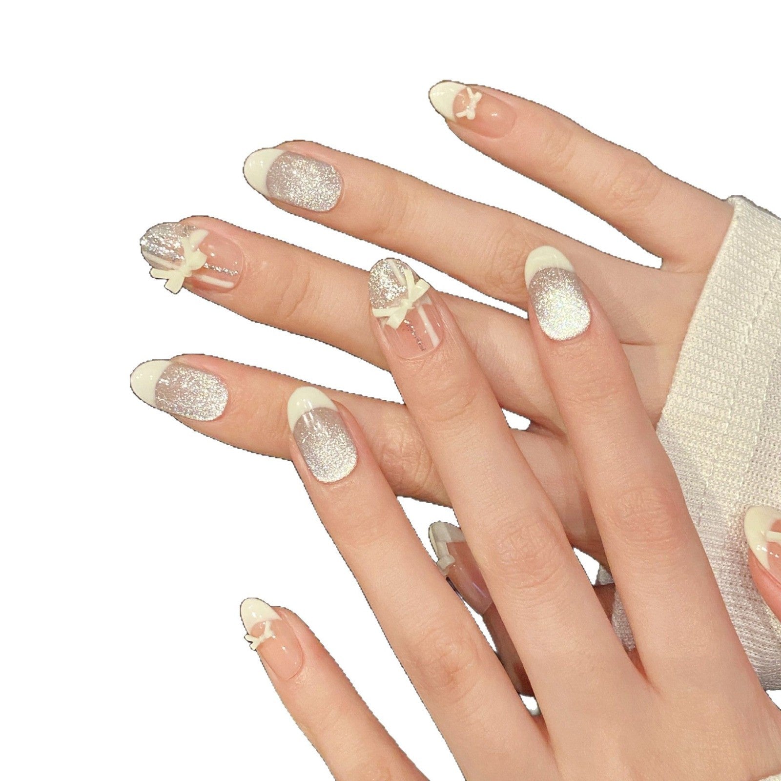365nails: "Ballet Ribbon" – Laço 3D, Ponta Francesa e Glitter Prateado Unhas Coffin Feitas à Mão