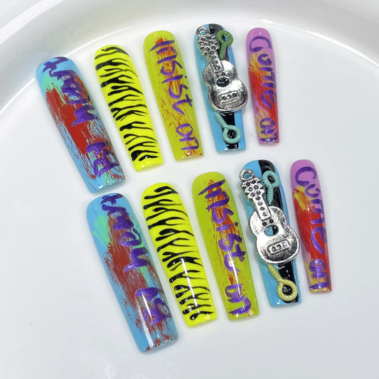 Handmade press-on nails  water pipe nail hand-painted graffiti music festival personality sweet and cool hot girl nail art pure handmade｜365nails