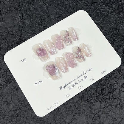Pure handmade press-on nails purple colorful three-dimensional gradual change camellia short nail patch wearable fake nails｜365nails