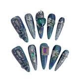 Fantasy Press-On Nails with Emerald Charms and Silver Serpent Details