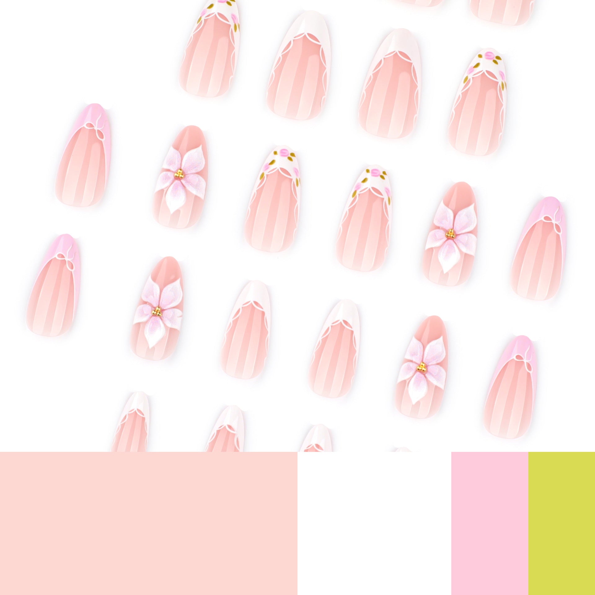 365nails: "Pink Floral Lace French Oval" – Delicate Press-on Nails