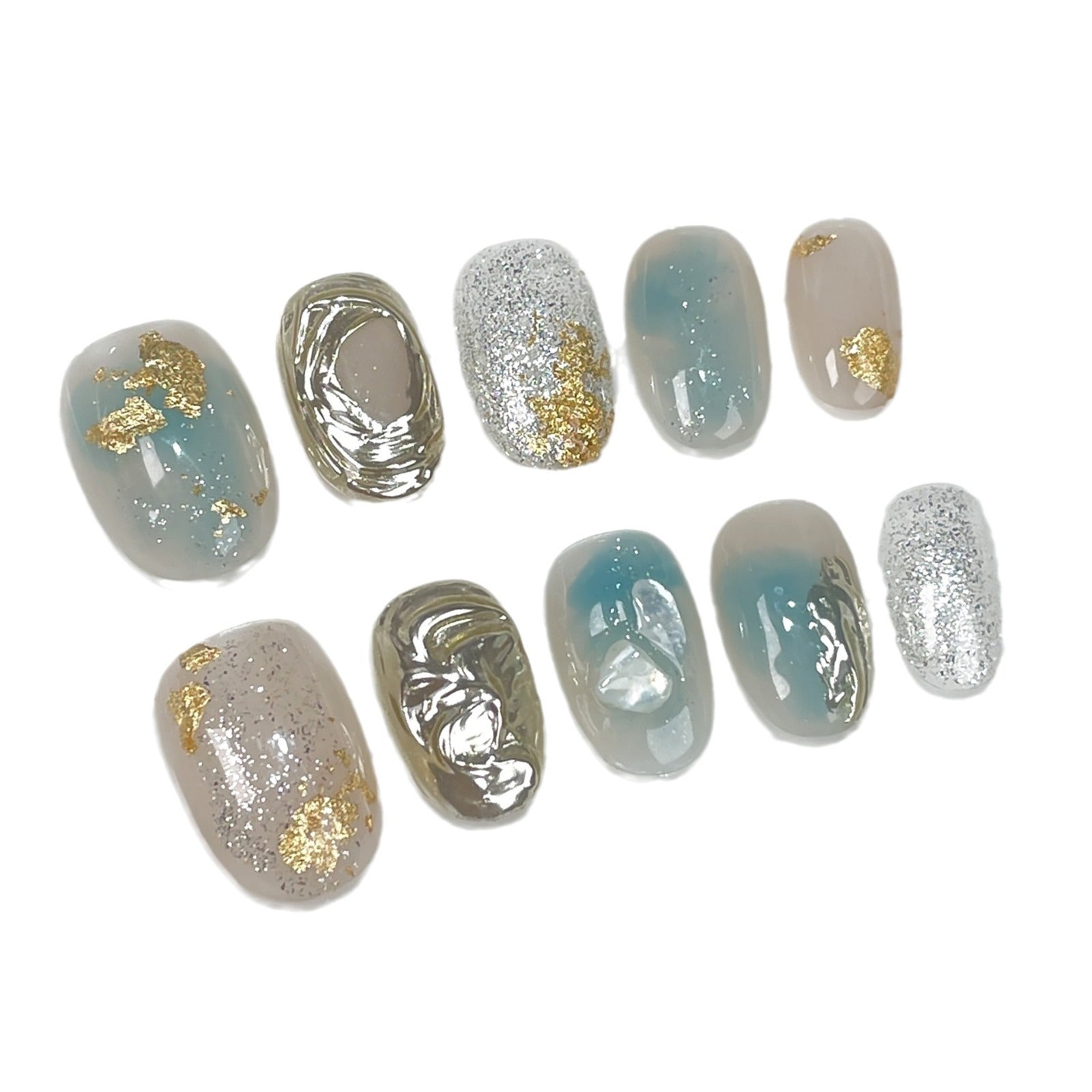 Manicure dourada com sal marinho é simples, fresca e elegante, curta e feita à mão, adesivo ｜365nails