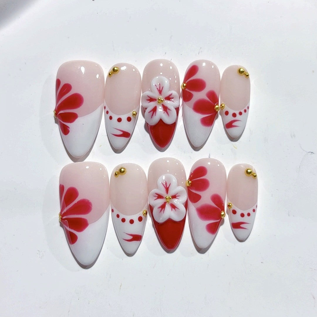 Sakura Whisper: "Crimson Cherry Blossom" – Unhas Postiças Amêndoa