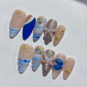 365nails 海岸逃逸：「貝殼海星」— 杏仁形手工製3D雕刻穿戴甲