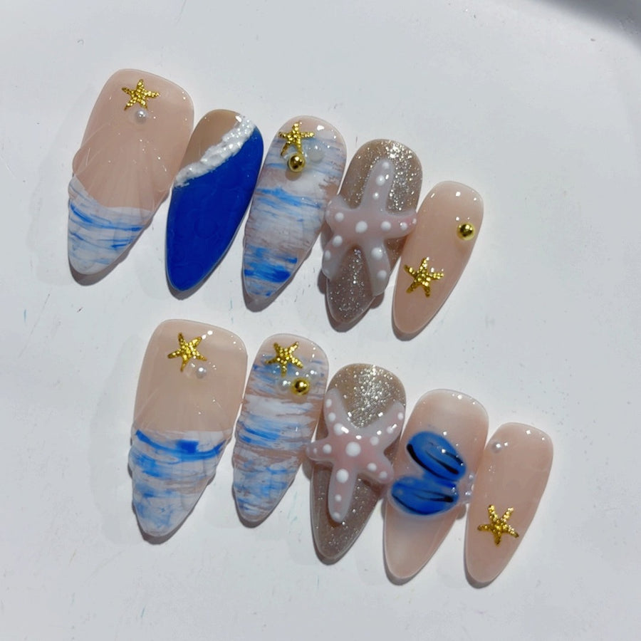 365nails-Coastal Escape: "Seashell Starfish" – Almond Shape Handmade 3D Carved Press-On Nails