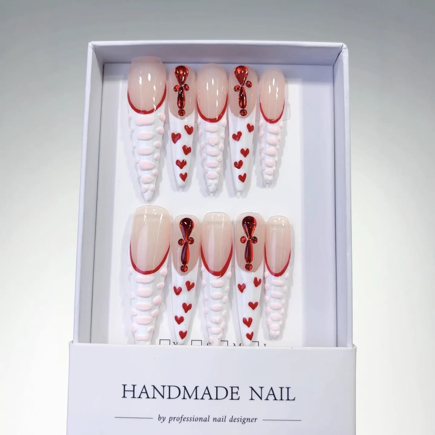 365nails: "Crimson Heart Ribbon" – Long Stiletto French Tip Handmade Press-On Nails