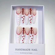 365nails: "Crimson Heart Ribbon" – Long Stiletto French Tip Handmade Press-On Nails