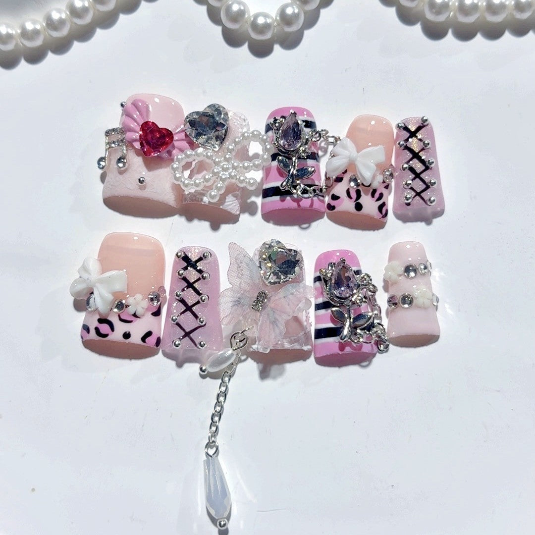 365nails-Sweet Punk: "Pink Leopard Lace-Up" – Tapered Square Press-On Nails