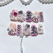 365nails-Sweet Punk: "Pink Leopard Lace-Up" – Tapered Square Press-On Nails