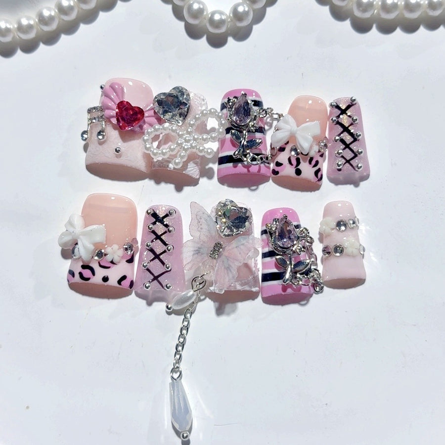 365nails-Sweet Punk: "Pink Leopard Lace-Up" – Tapered Square Press-On Nails