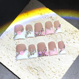 Pink French Floral Rhinestone Press On Nails