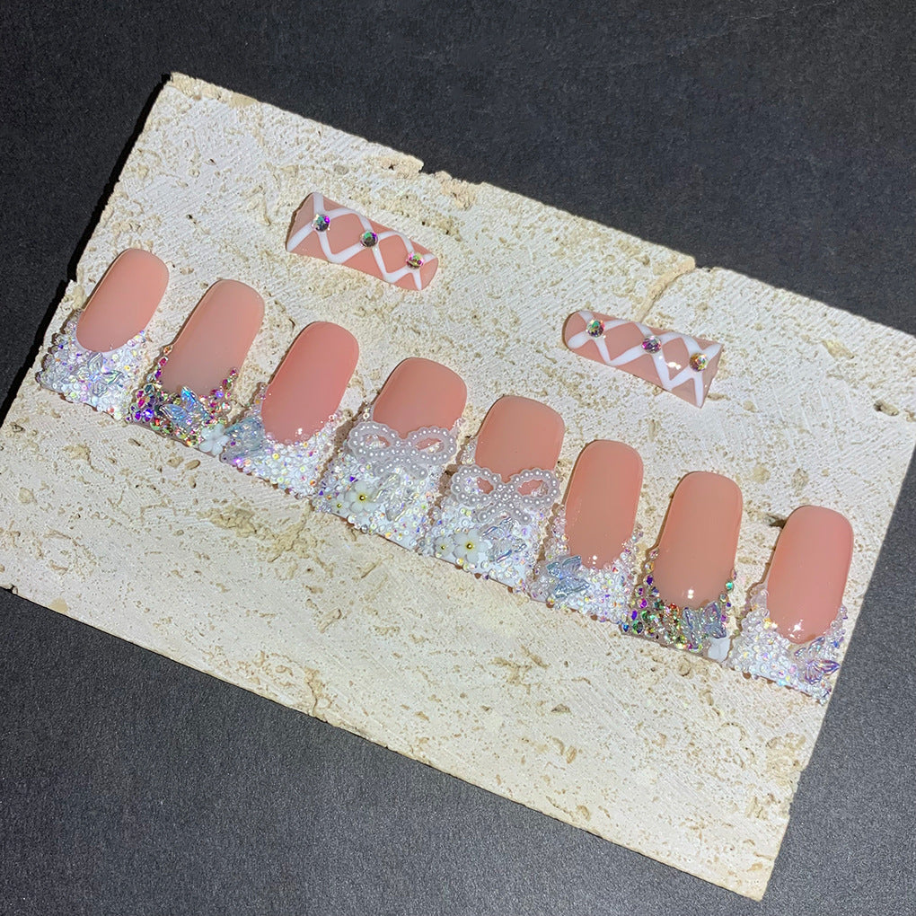 Peach Crystal Sugar Lace French Press On Nails