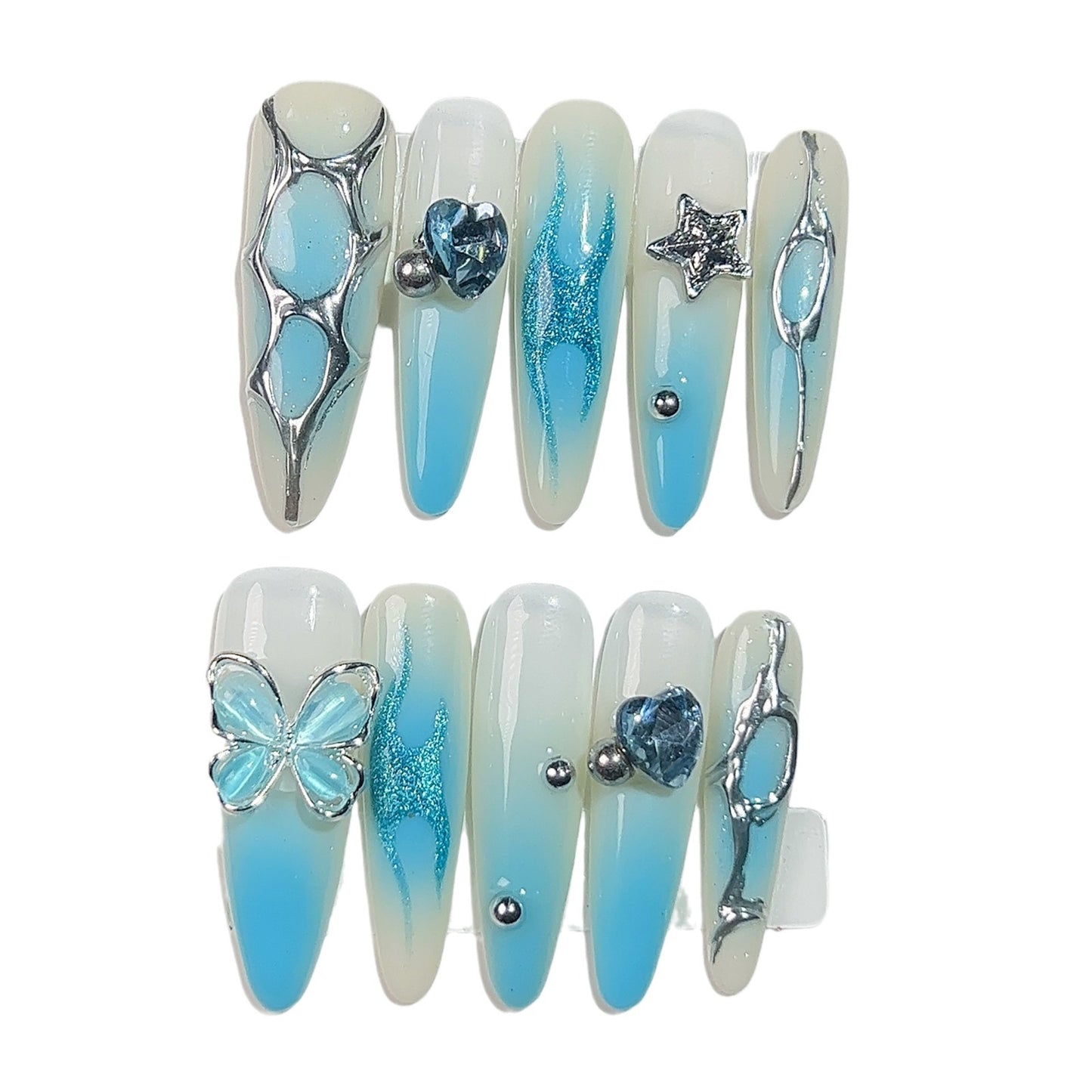 Handmade Press-on Nails Ice Transparent Blue Star Moon Butterfly Fairy Wind Gentle Sweet White Long Nail Art｜365nails