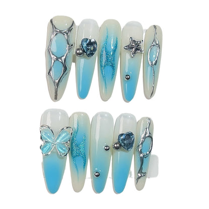 Handmade Press-on Nails Ice Transparent Blue Star Moon Butterfly Fairy Wind Gentle Sweet White Long Nail Art｜365nails