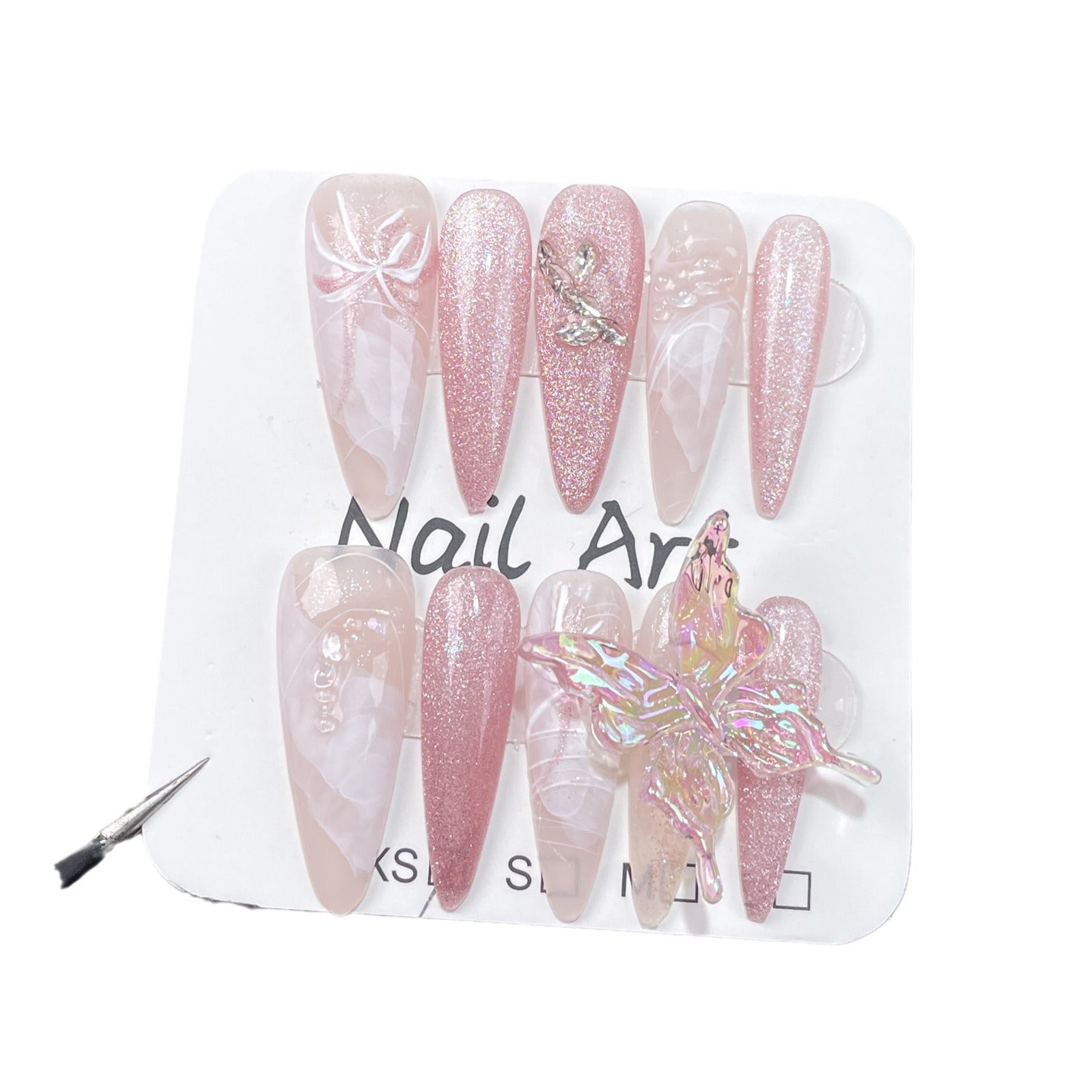 Handmade armor three-dimensional ice crystal butterfly clear feeling hand-painted watercolor smudge cat eye long tip nail art finished patch｜365nails