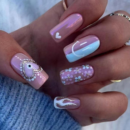 Press on armor finished white flame polka dots ins wind Press on armor gold glitter love pink blue flower nail piece｜365nails