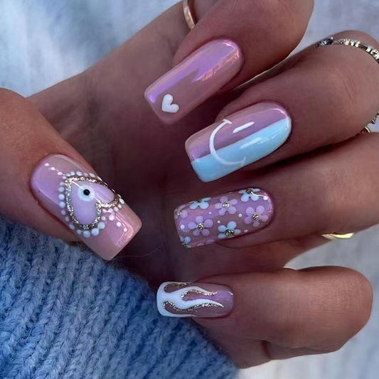 Press on armor finished white flame polka dots ins wind Press on armor gold glitter love pink blue flower nail piece｜365nails