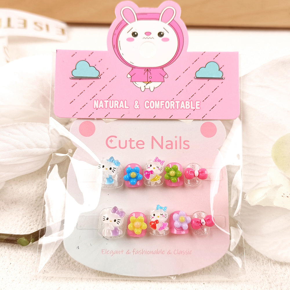 Children's multi-colored flower cartoon nail art 3D three-dimensional children's nail patch 10 pieces bow wear nail