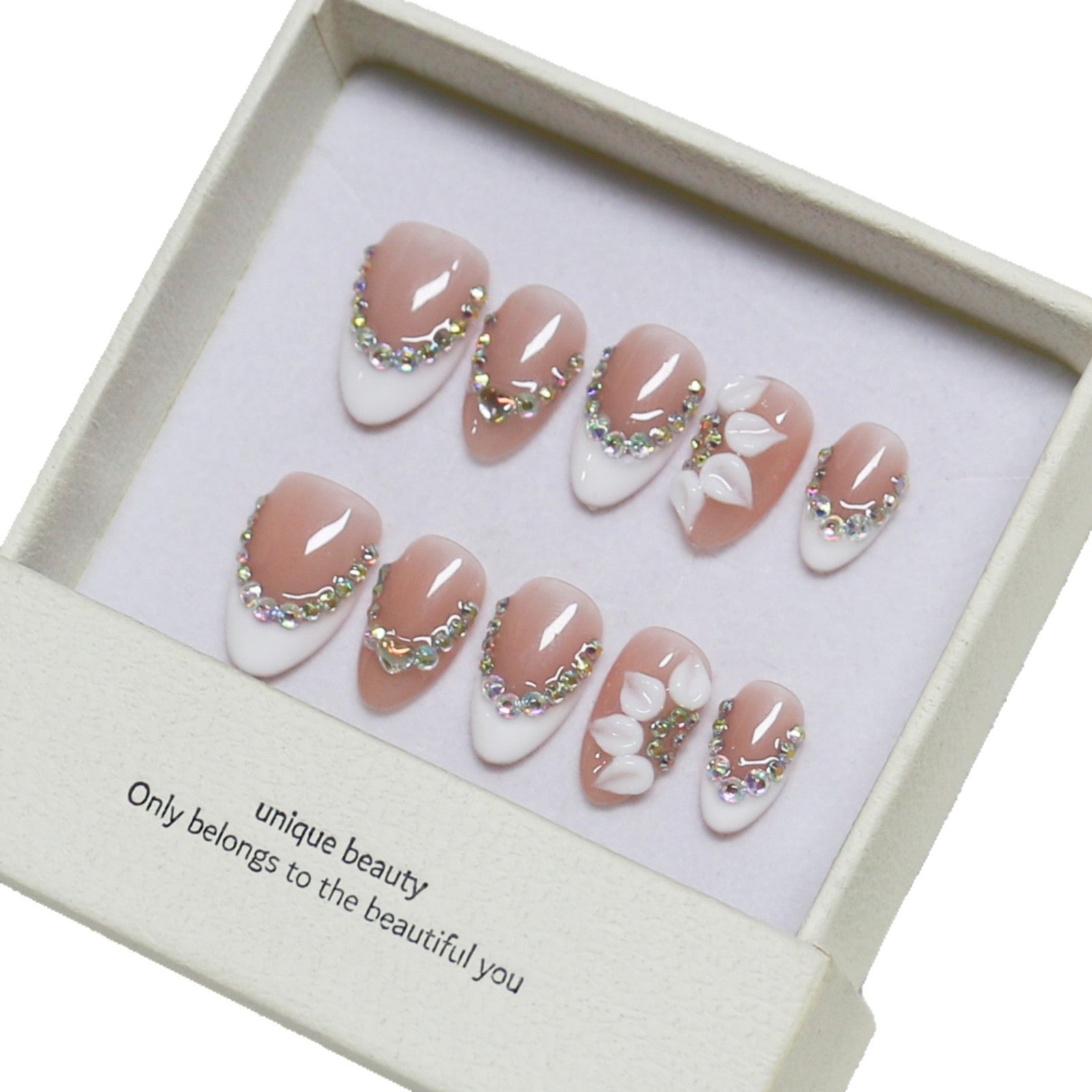 365nails: "Elegant Orchid Bloom" – Medium Almond Nude French Rhinestone Handmade Press-On Nails