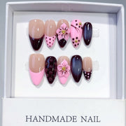 Noir Pink: "Midnight Cherry" – Long Almond Handmade Press-On Nails