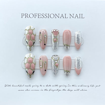 [Pure Handmade Real Shot] Arte em unhas xadrez com cabeça de cobra rosa para meninas, unhas médias e longas avançadas | 365nails