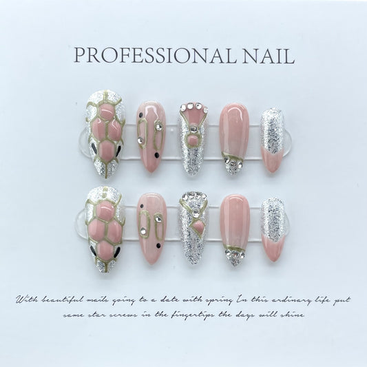 [Pure Handmade Real Shot] Girl Pink Snake Head Plaid Nail Art Wear Nail Medium and Long Advanced | 365nails