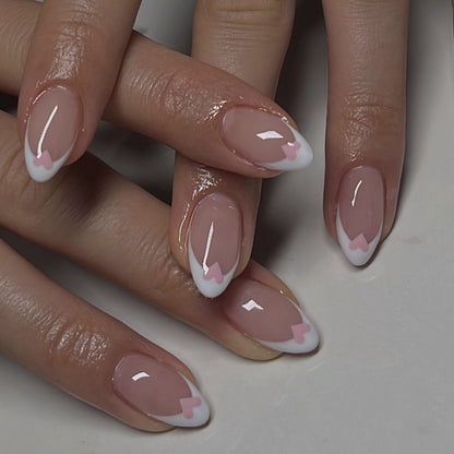 Simple French white edge press on nails nail piece short almond nail art pink love removable fake nail wholesale｜365nails