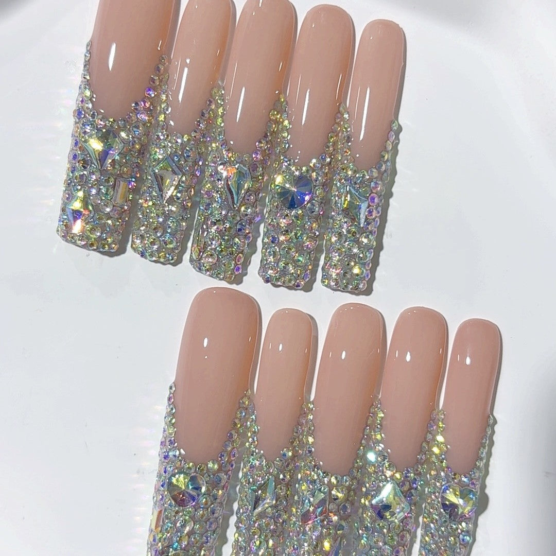 Nude AB Crystal Full Rhinestone Press On Nails