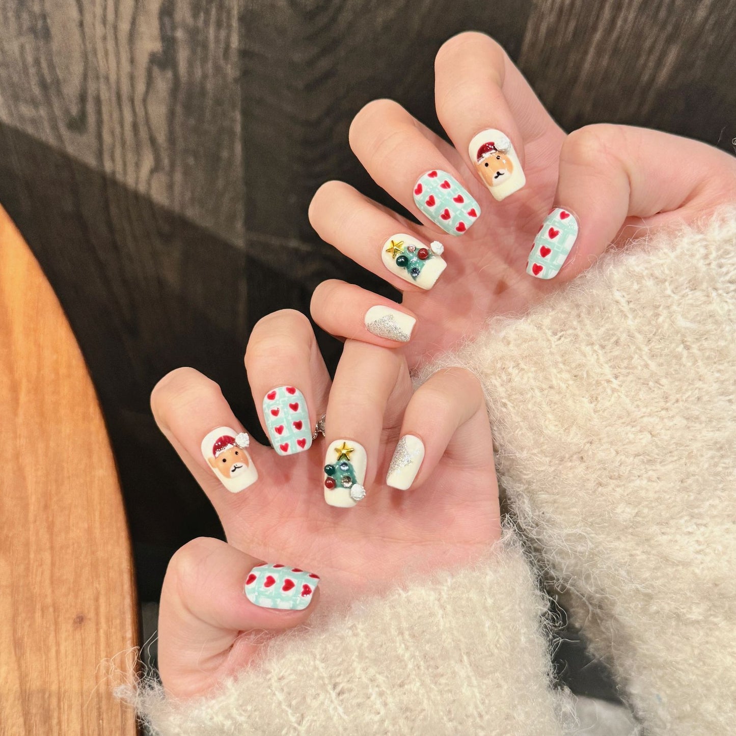 Plaid Heart & Santa Christmas Press‑On Nails – Mint Green and Red Short Design