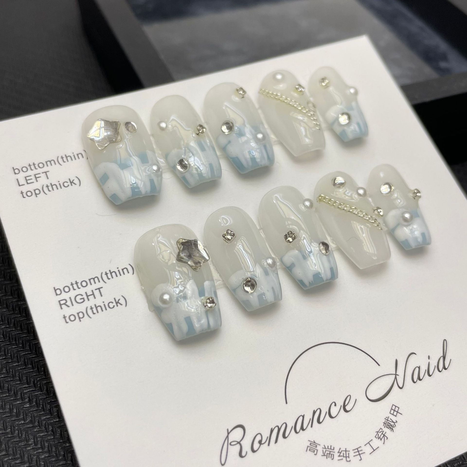 365nails: "藍色法式幻想" – 3D 星星與珍珠 手工製方形甲片