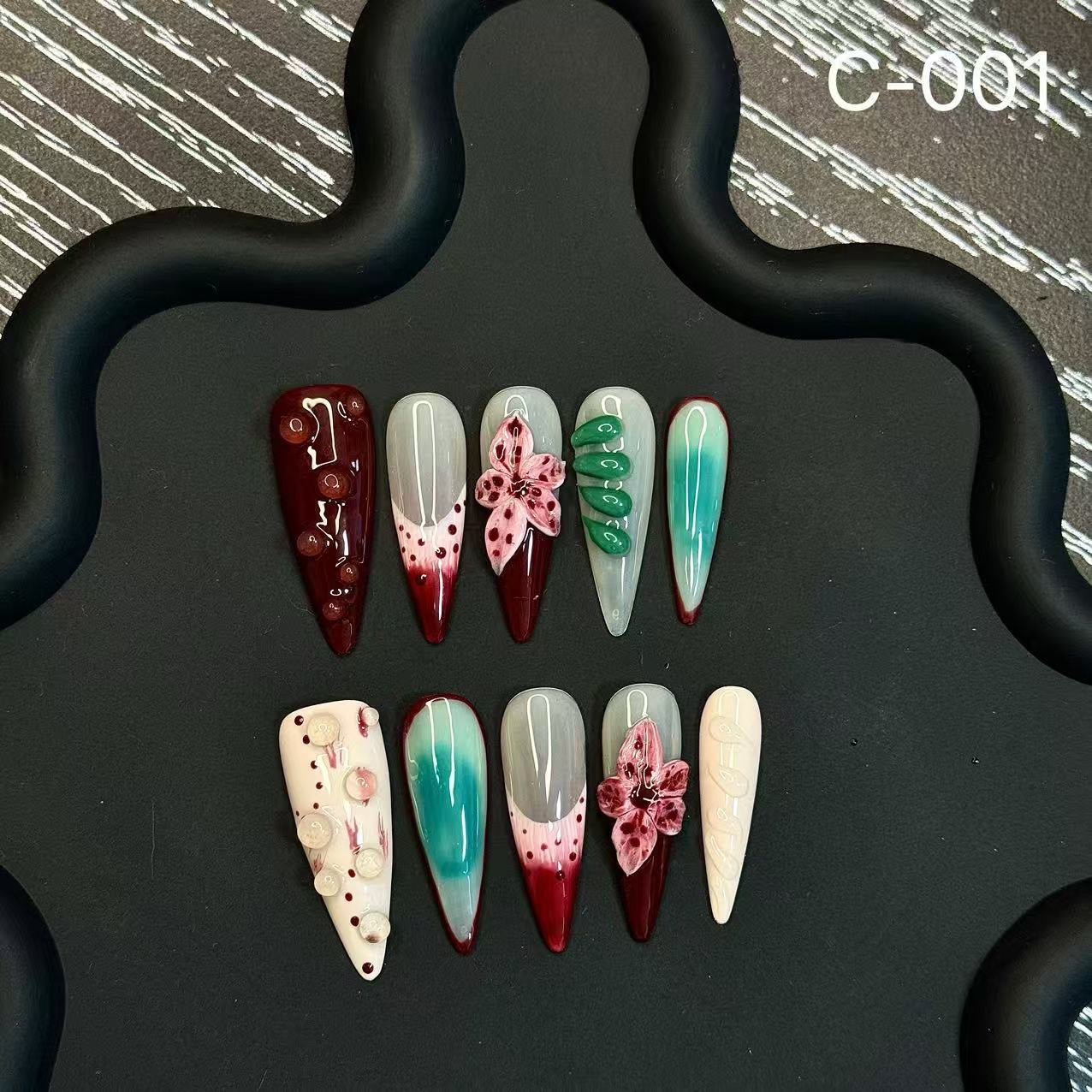 365nails: "Velvet Bloom" – 3D Floral & Gradient Handmade Stiletto Nails