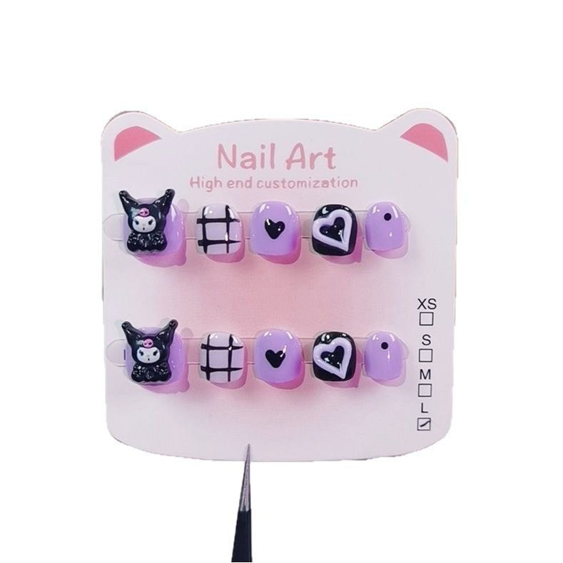 Kulomie Purple Cute Kids Press On Nails with Heart Grid