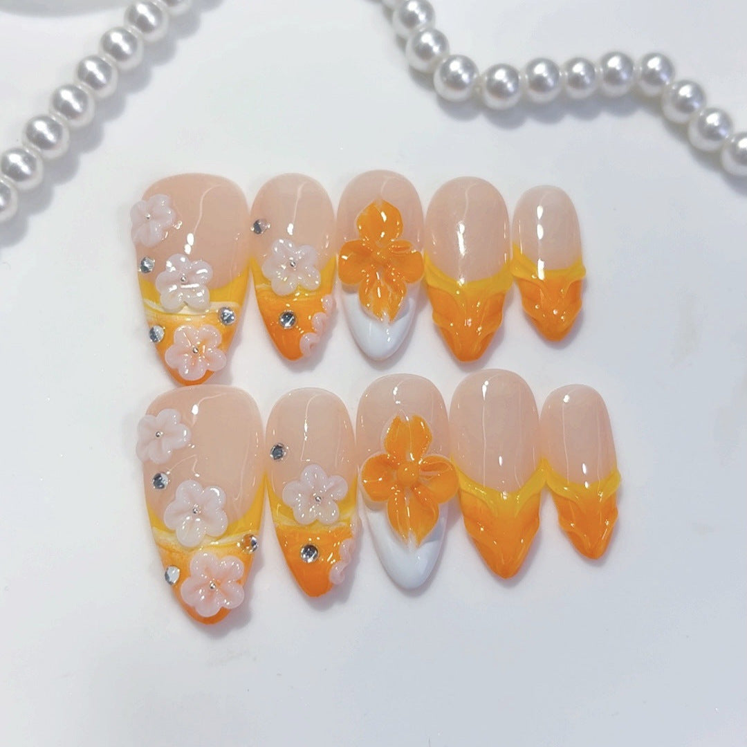 Autumn Bloom: "Orange Floral Glow" – Almond Shape Handmade Press-Ons